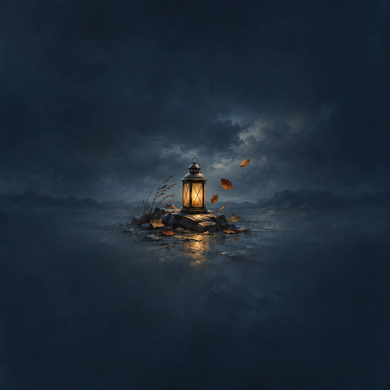 A glowing lantern stands on a small platform above dark water as autumn leaves sweep past.