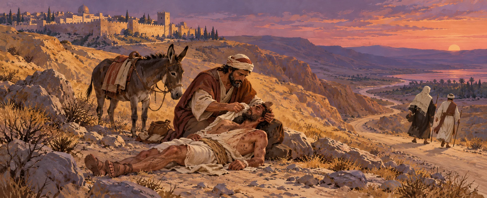 On a rocky road winding through golden hills below a walled city at sunset, a traveller kneels to tend a wounded man beside a waiting donkey while two robed figures hurry past further down the road.