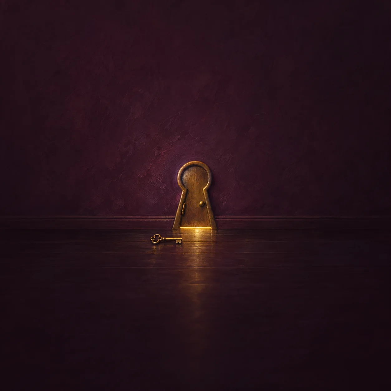 A small door in a plum-coloured wall with golden light under it and a key on the floor.
