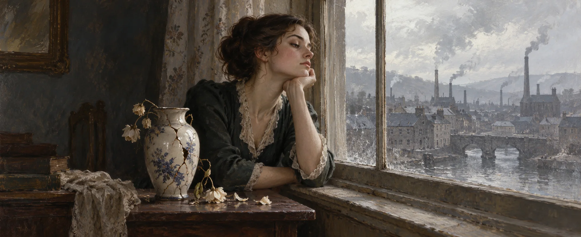 A woman sits beside a cracked porcelain vase at a dusty window overlooking a grey mill town.