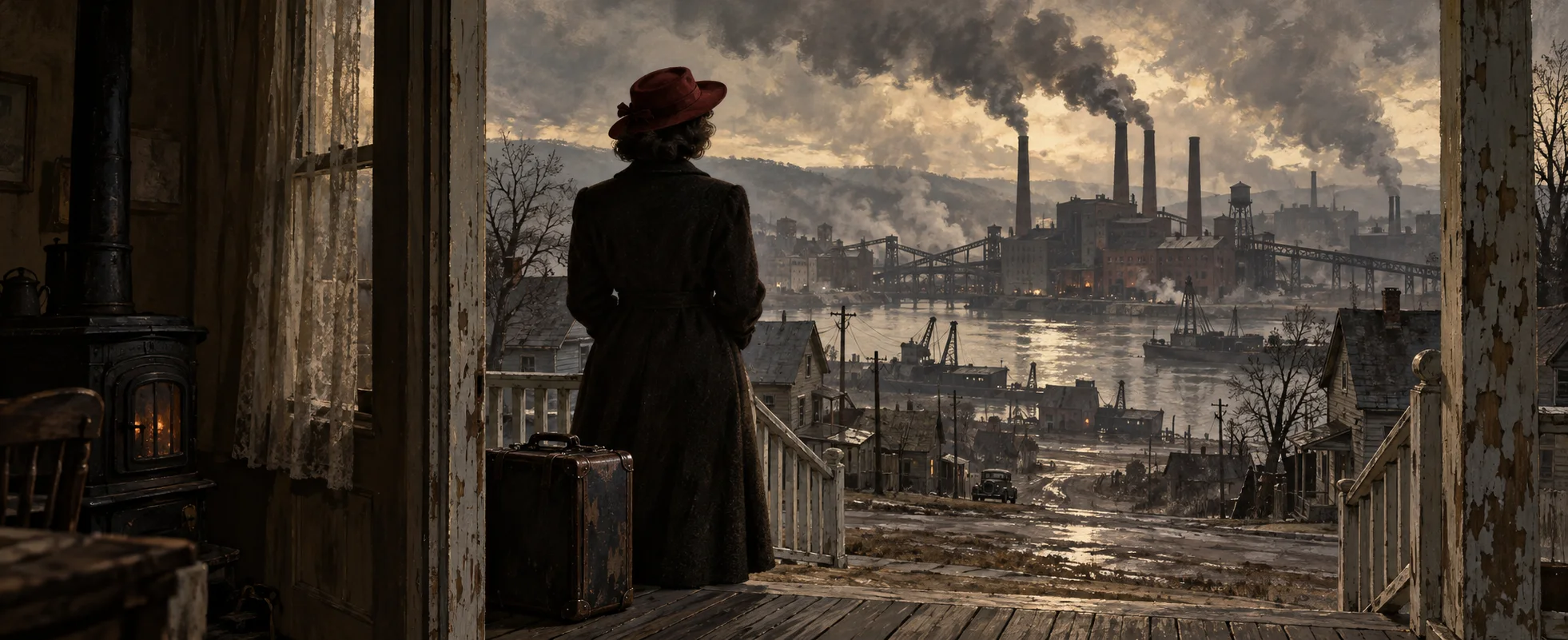 A woman in a red hat and dark coat stands on a shabby porch looking out over a smoky mill town on a river.