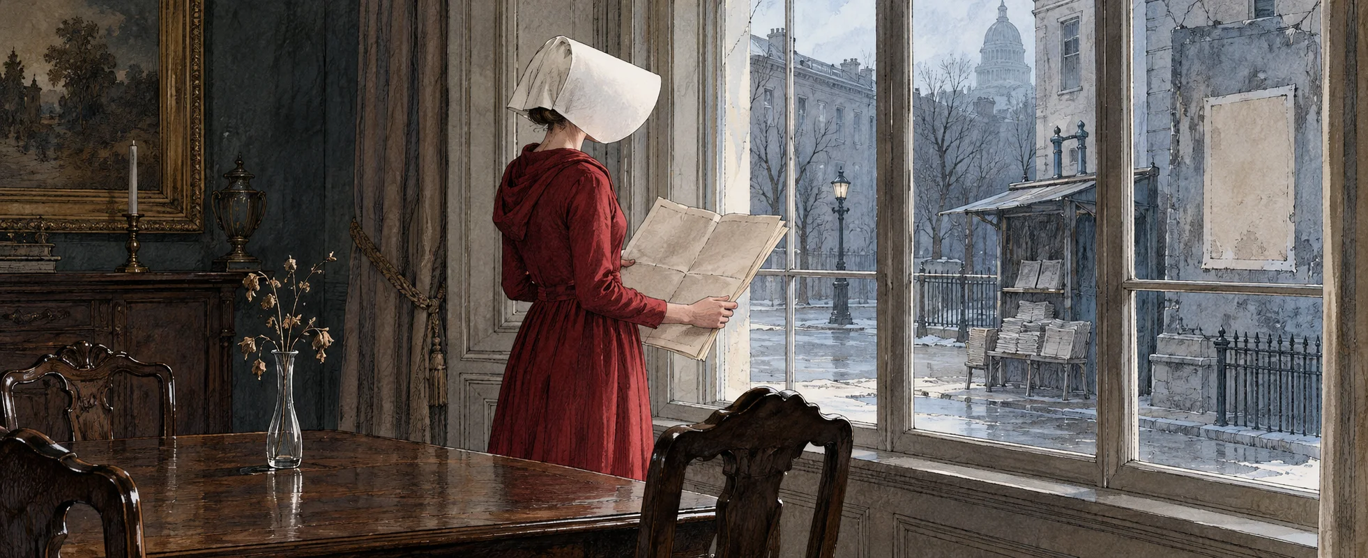 A woman in a red dress and white bonnet stands at a tall window holding an old newspaper, looking out at a rainy city street.