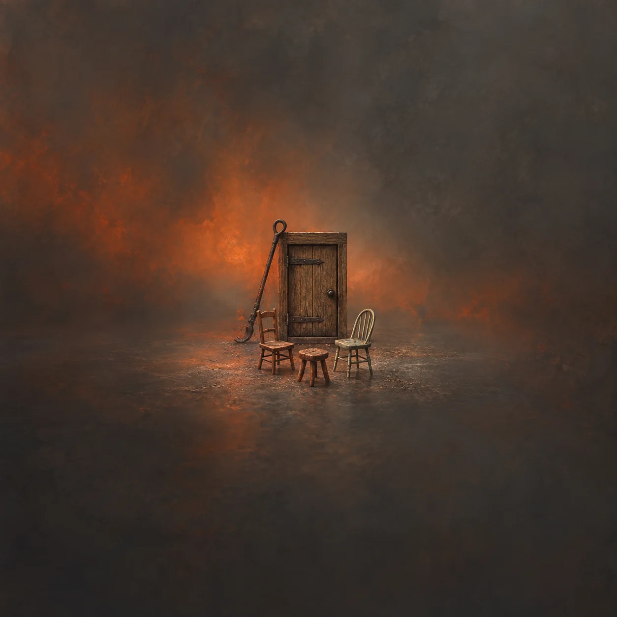 An iron poker leans beside a miniature wooden door, with mismatched chairs and a small stool gathered in front.