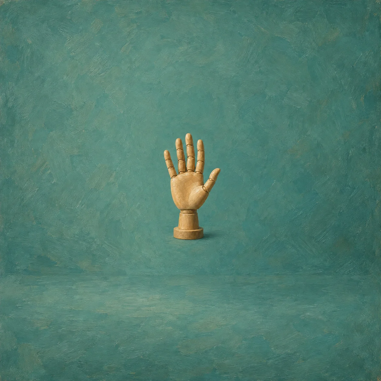 An upright articulated wooden hand with an open palm against a softly textured teal background.