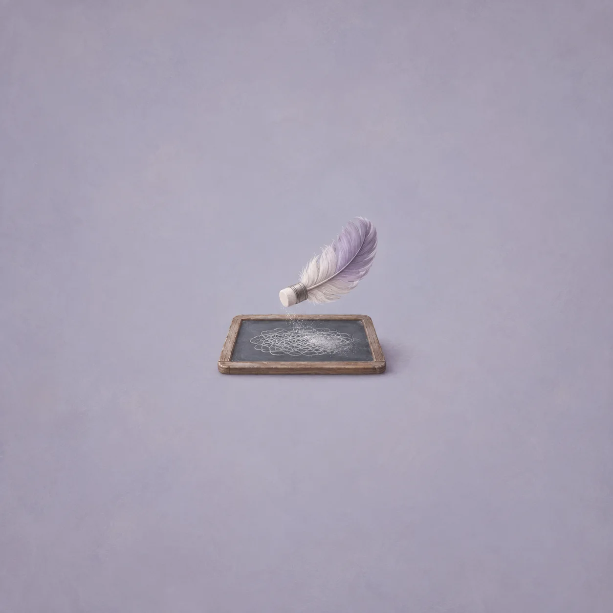 A lavender feather attached to an eraser hovers above a small chalkboard with a white scribble.