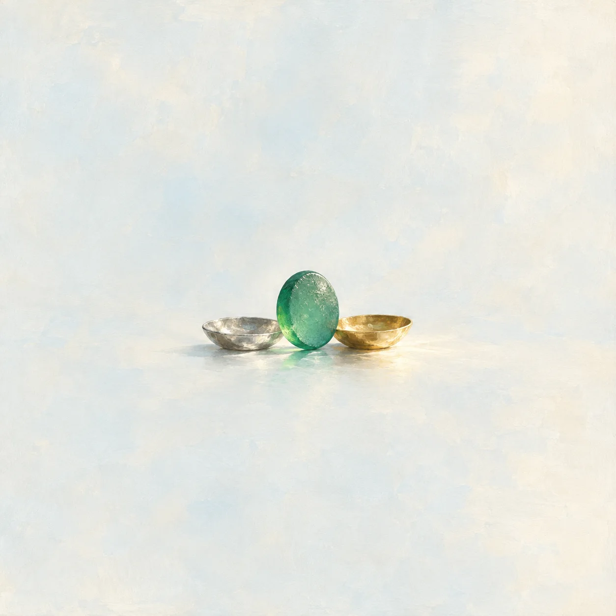 An upright green glass disc stands between a small silver bowl and a gold bowl.