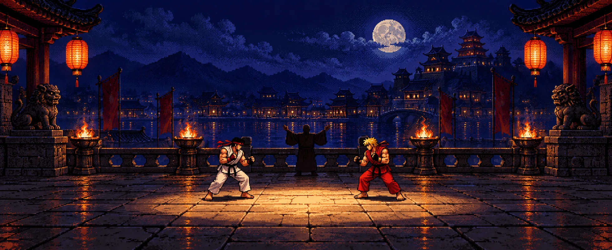 Two martial artists, one in a white gi and one in red, face off under lanterns in a moonlit courtyard arena as a referee looks on.