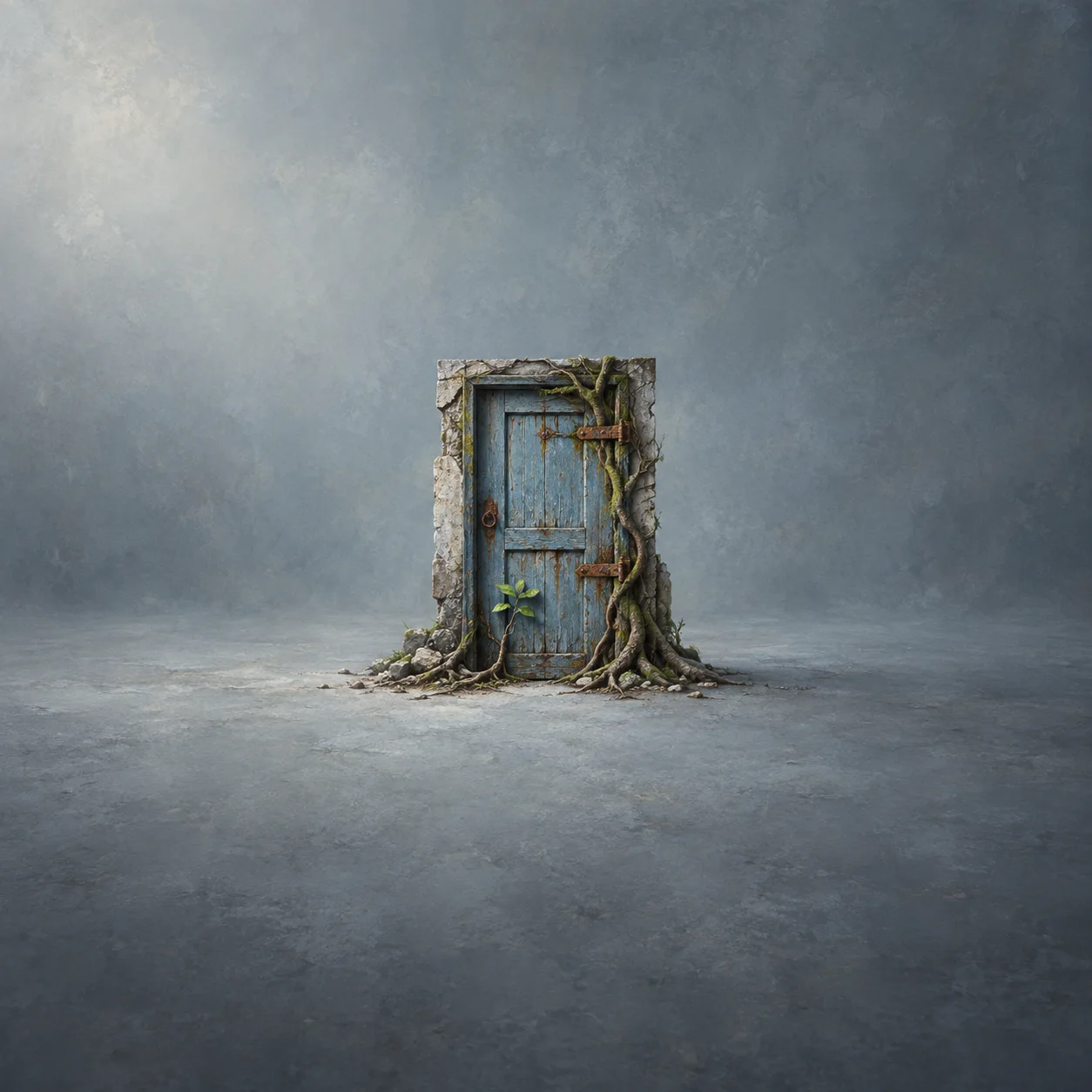 A weathered blue door surrounded by twisted roots and stone, with a small green shoot at its base, against a grey-blue background.