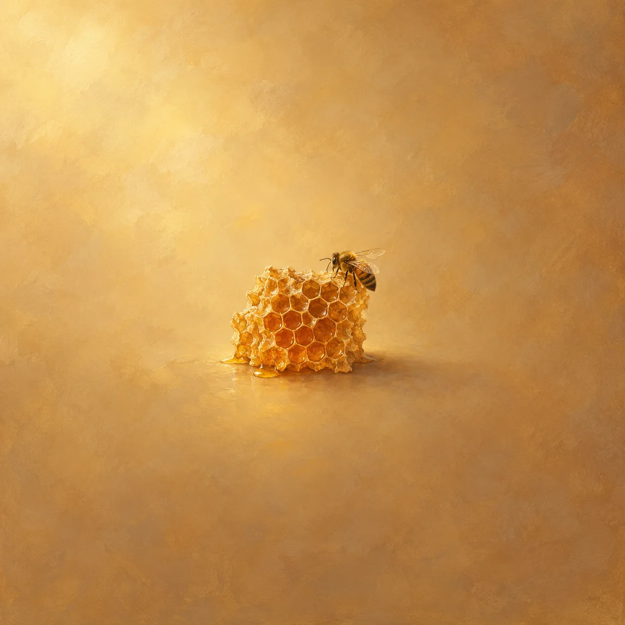 Painterly bee resting on a broken golden honeycomb with drops of honey in warm amber light.