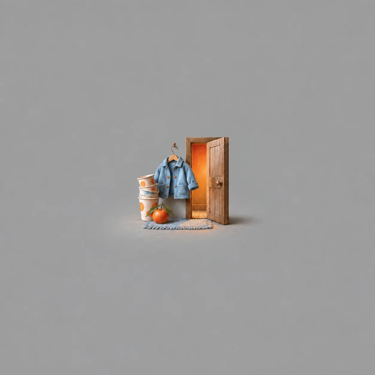 A small blue jacket hangs beside an open wooden doorway, stacked paper cups and an orange.