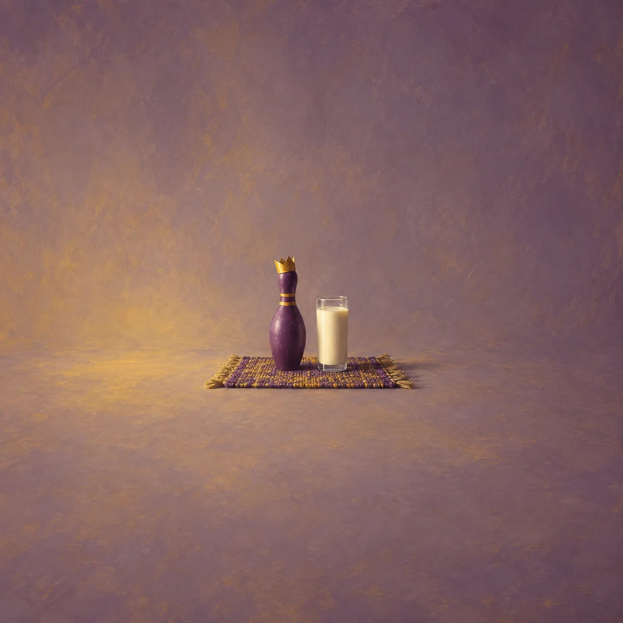 A purple bowling pin wears a tiny gold crown beside a tall glass of pale liquid on a patterned rug.