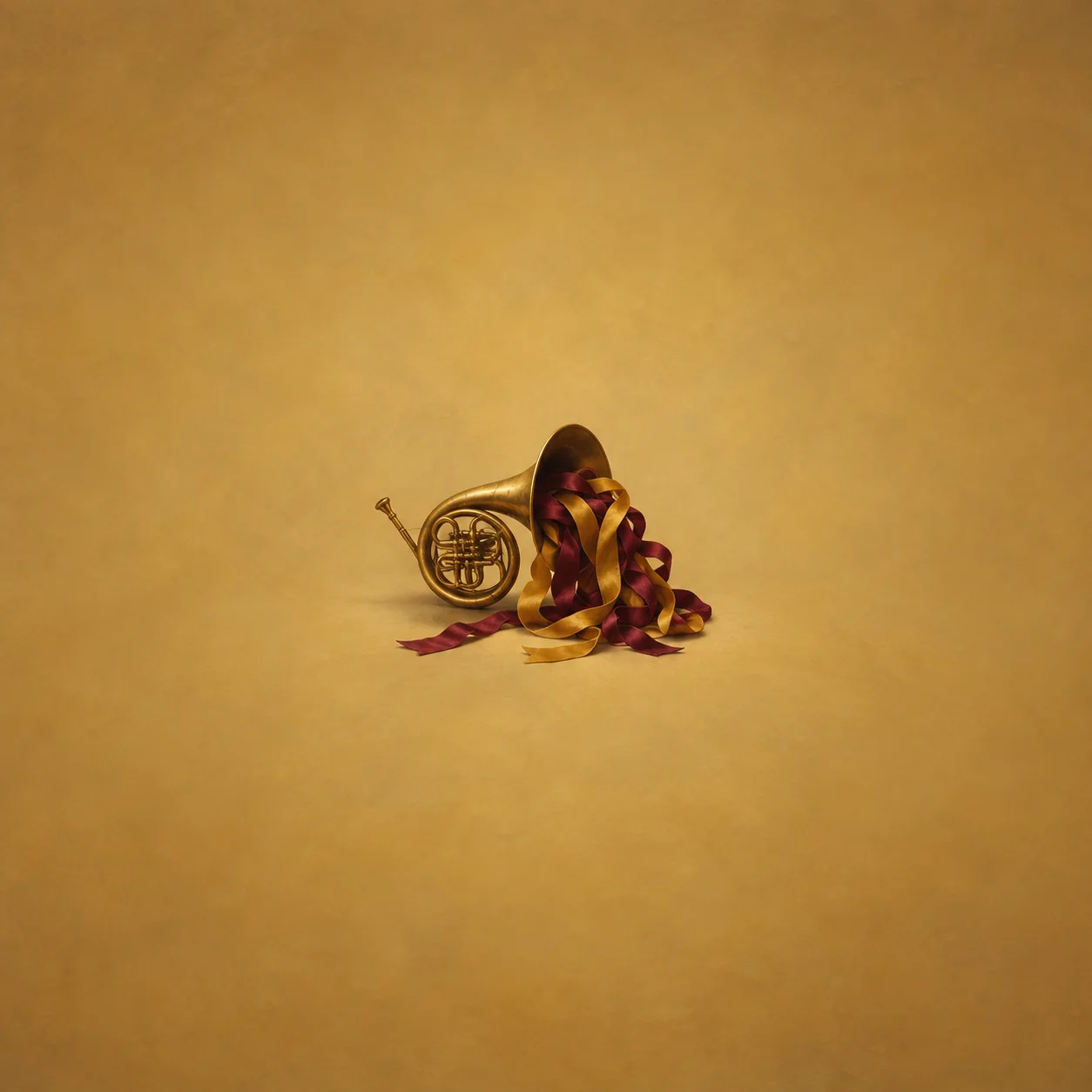 Painterly coiled brass horn draped with red and gold ribbons against mustard yellow.