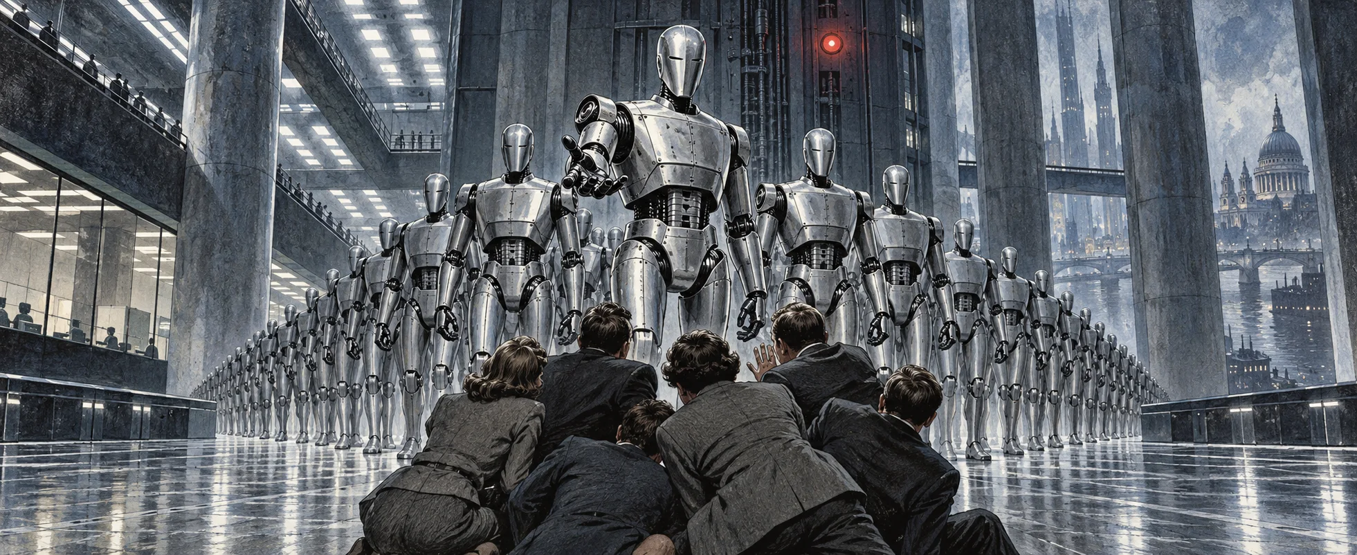 Ranks of silver robots march through a steel atrium as people crouch in their path.