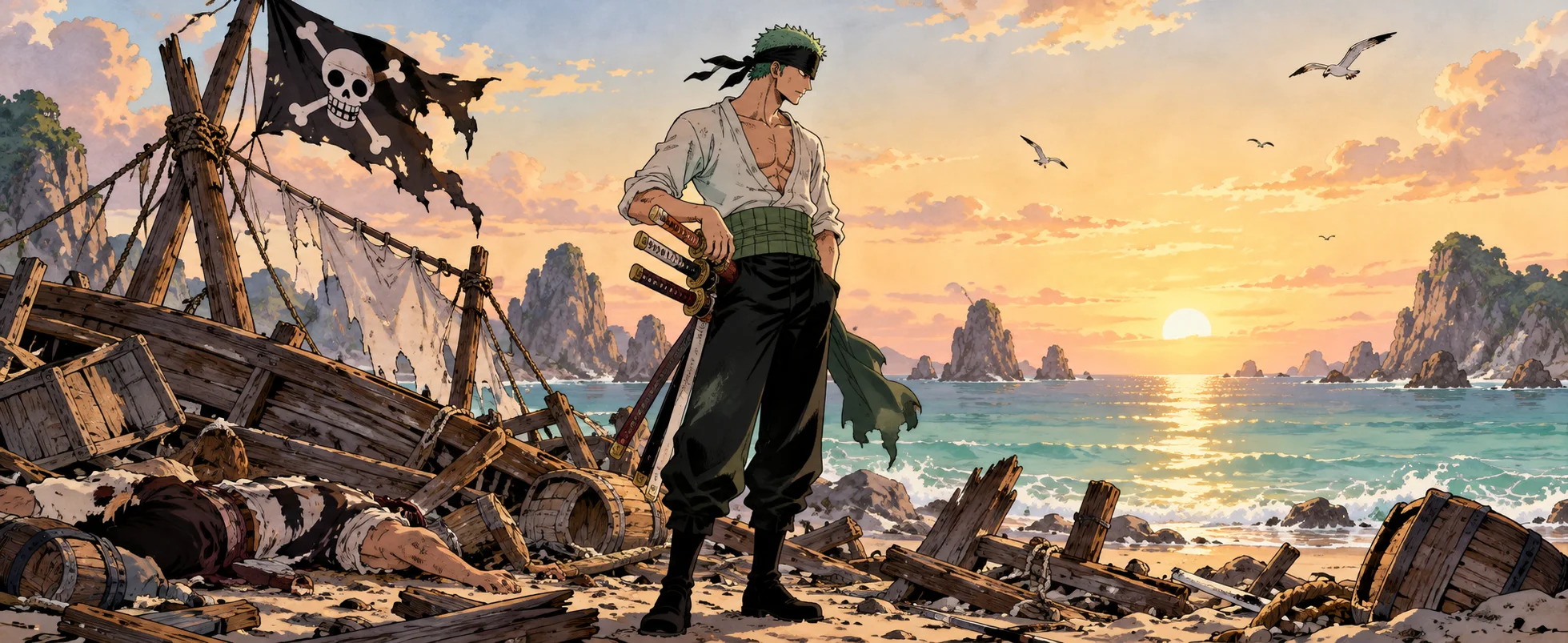 A green-haired swordsman with three swords at his hip stands among shipwreck debris on a beach at sunset.