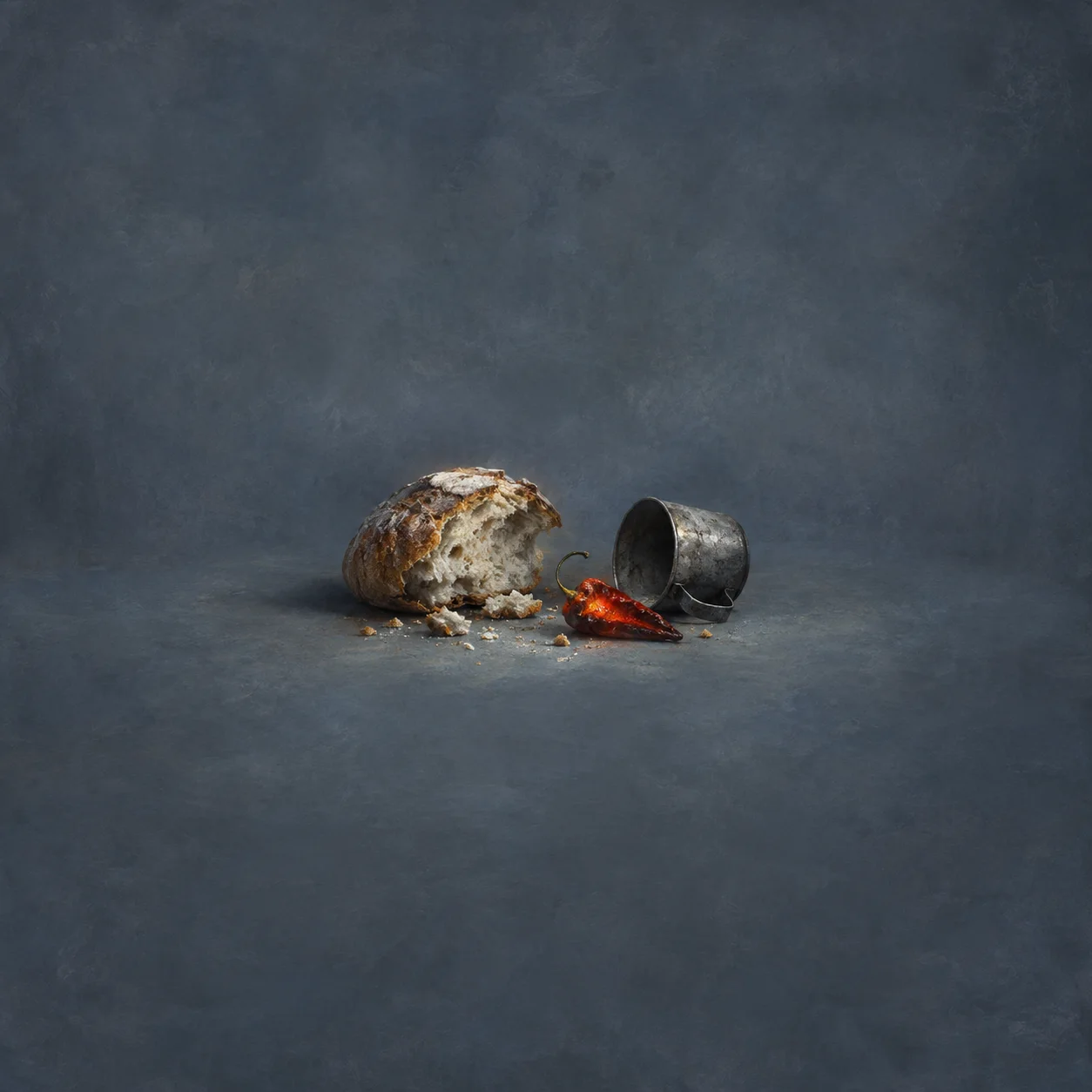 A broken loaf of bread beside a tipped tin cup and a red pepper on a dusty blue surface.