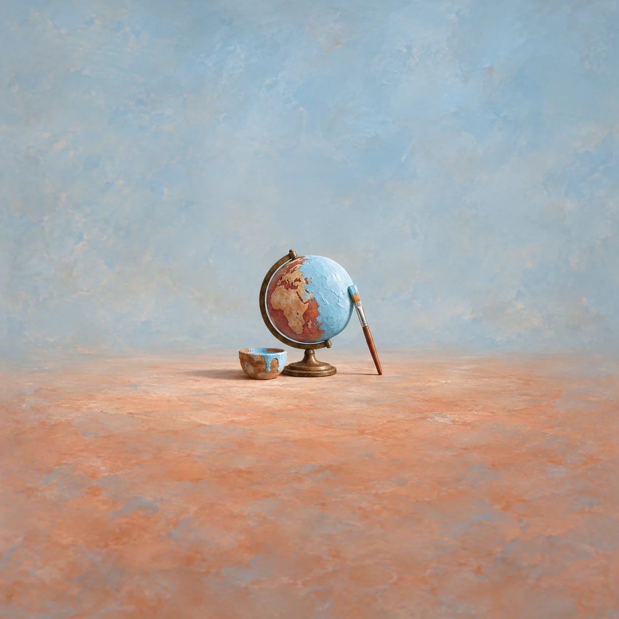 A small globe partly painted pale blue, with a paintbrush leaning against it and a paint cup nearby.