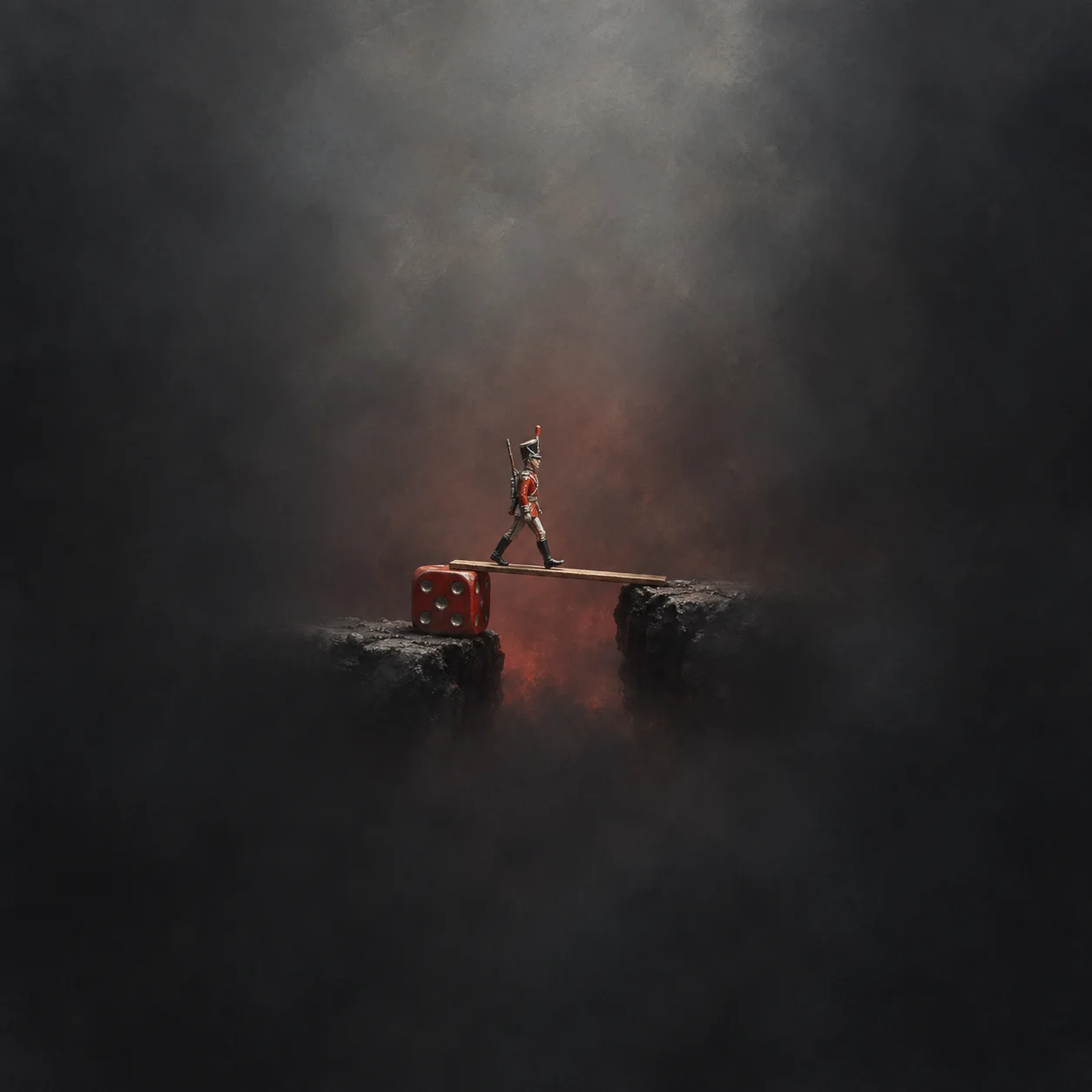 A small toy soldier crossing a thin plank above a dark gap, with a red die at one end.