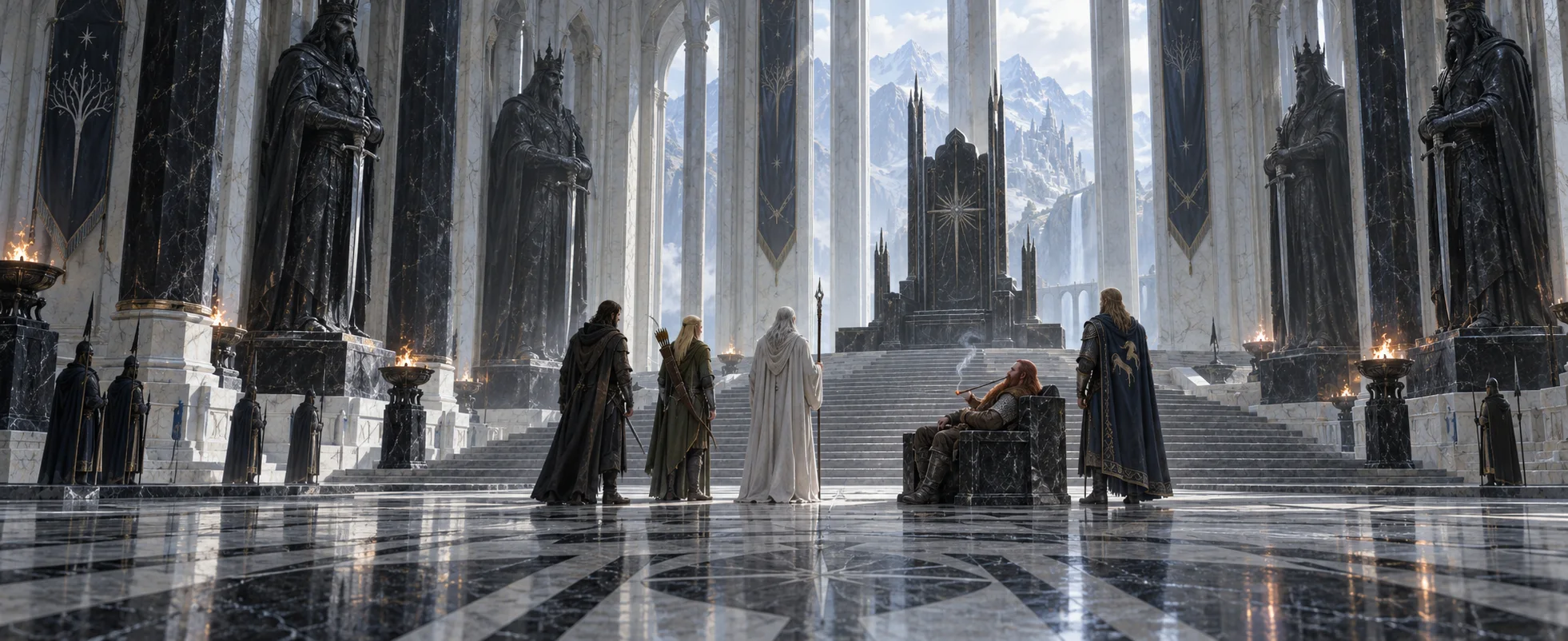 A dwarf, a ranger, an elf and a white wizard confer in a vast marble throne hall lined with black statues of kings.