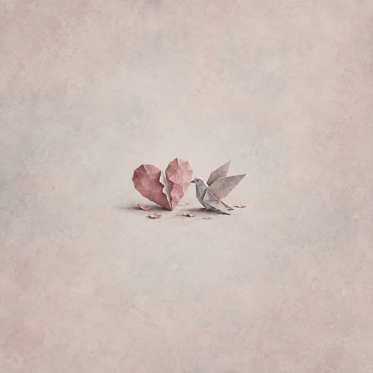Torn dusty-rose paper heart beside a folded gray paper bird and loose scraps