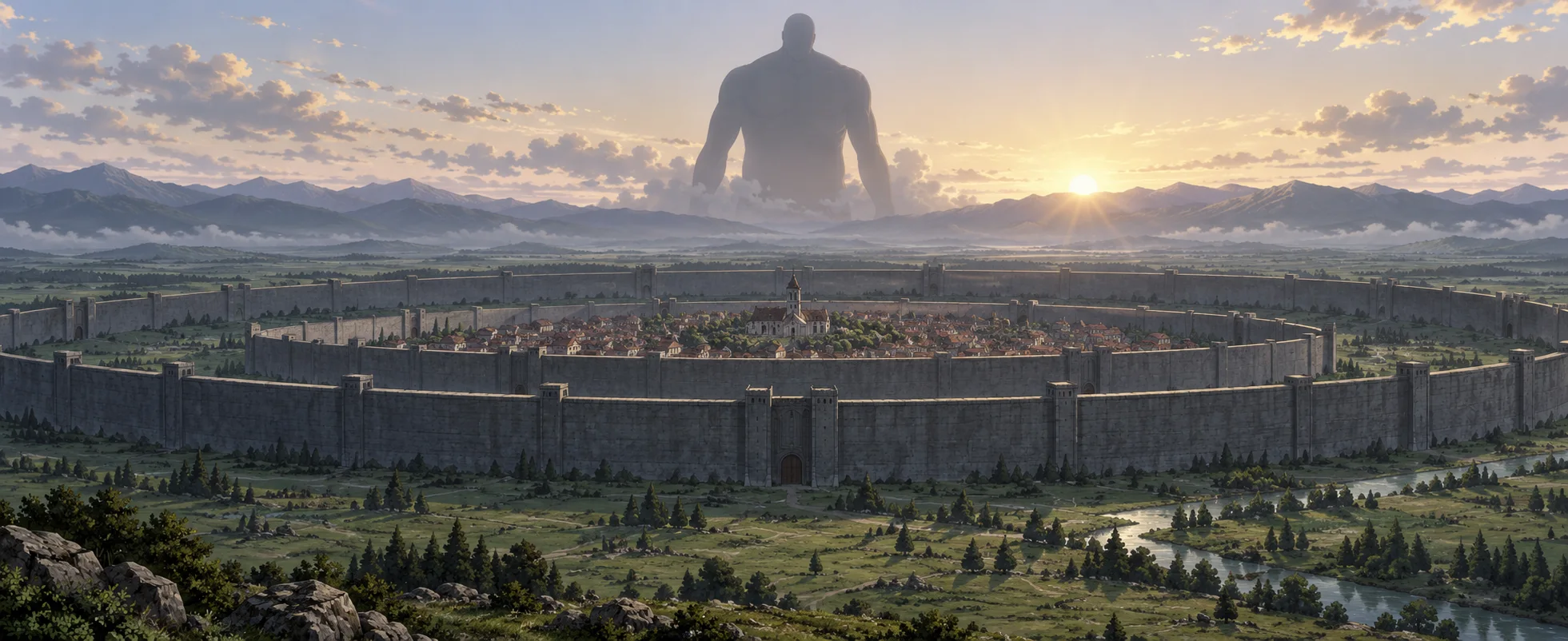 Anime illustration: a vast walled town on a green plain at sunrise, ringed by high stone walls, as an enormous humanoid silhouette rises over the horizon beyond the outer wall.