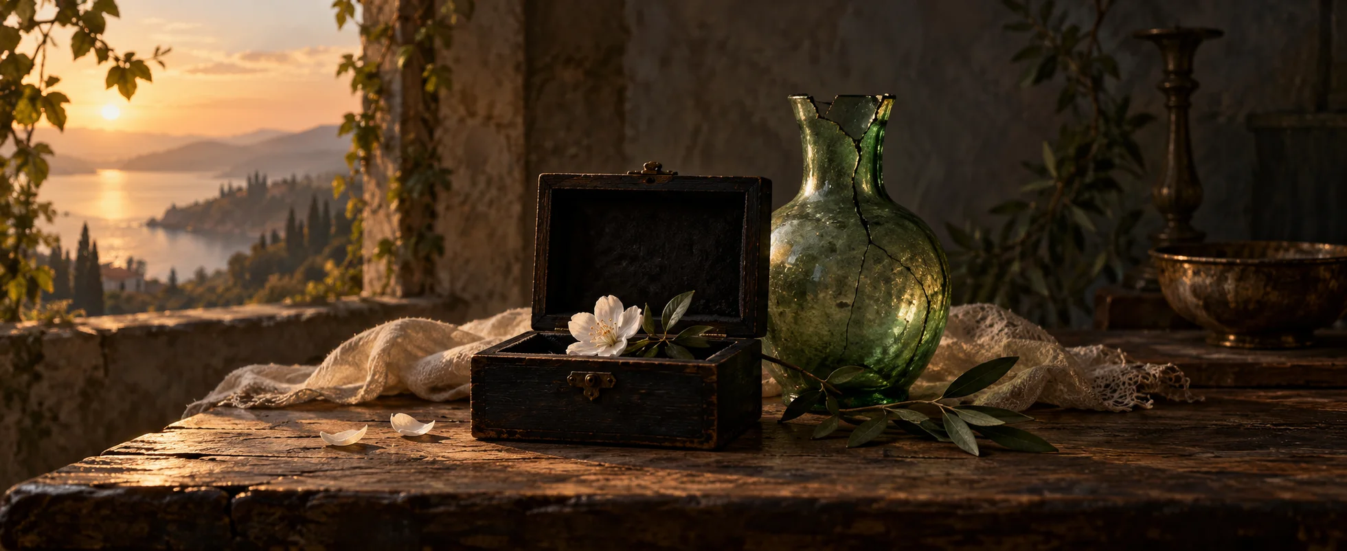 An open black wooden box holds a small white flower beside a cracked green glass vessel.