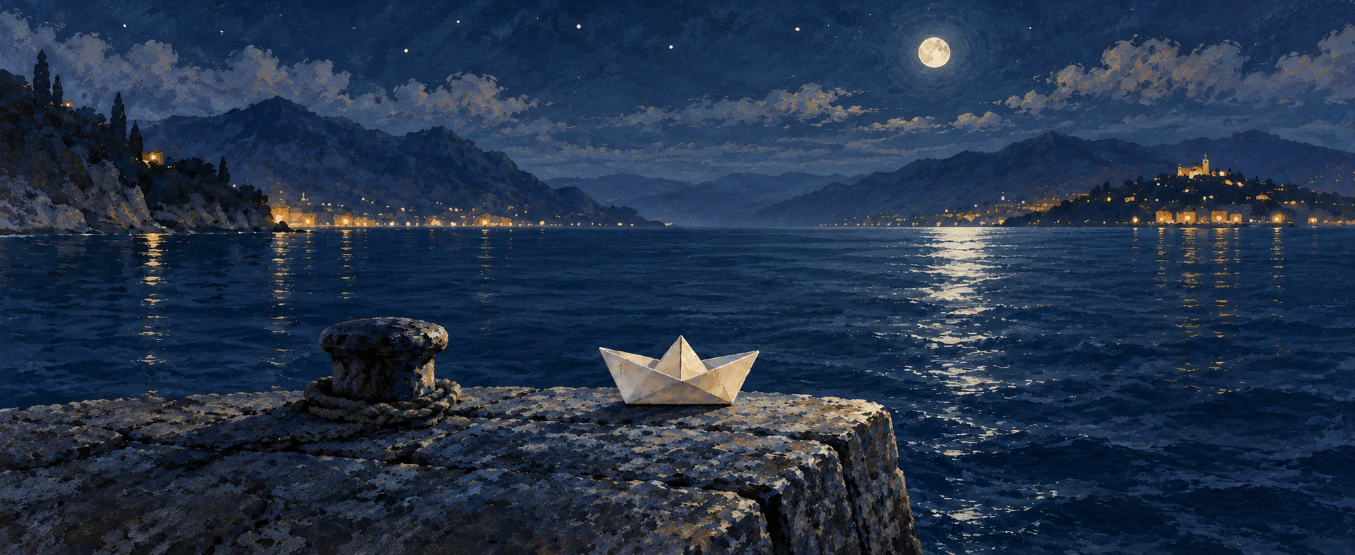A small ivory paper boat sits on a stone quay above a dark blue sea, with distant golden lights on the far shore.