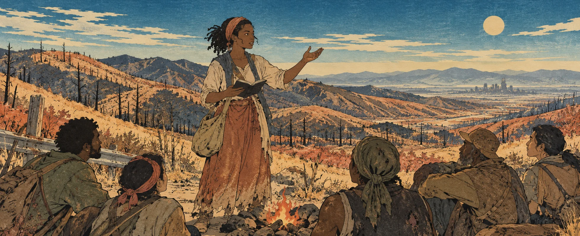 A young woman with a notebook speaks to a group of weary travellers gathered around her in the dry, burned hills of California.