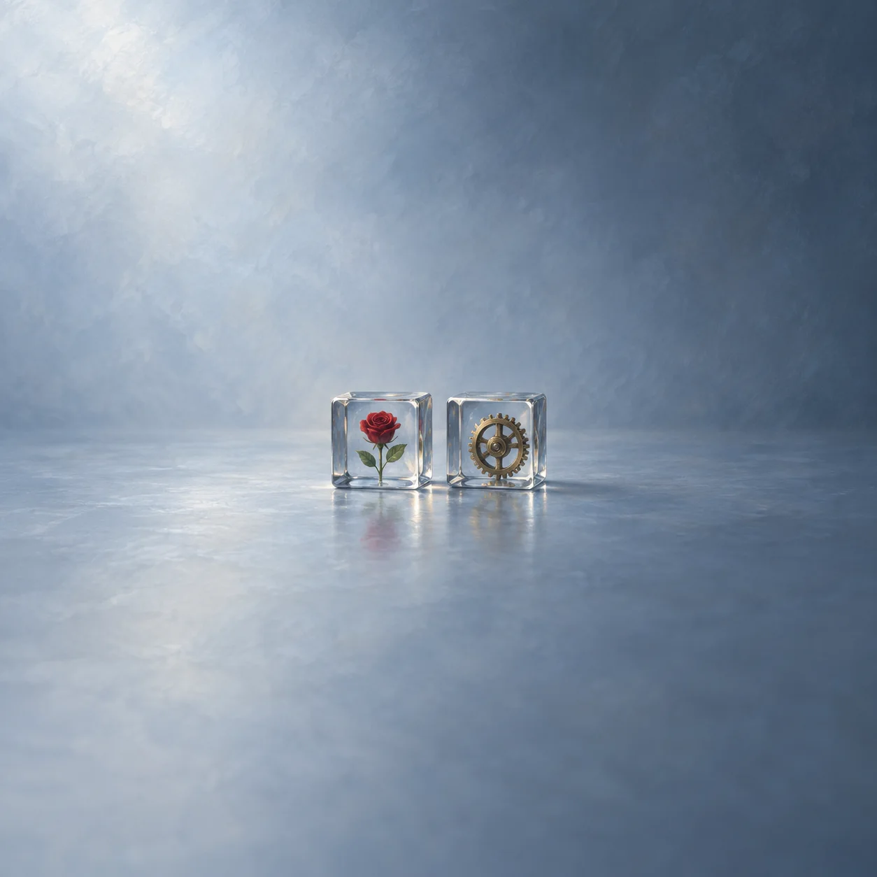 Two small glass cubes, one holding a red rose and one holding a brass gear, on a silver-blue surface.