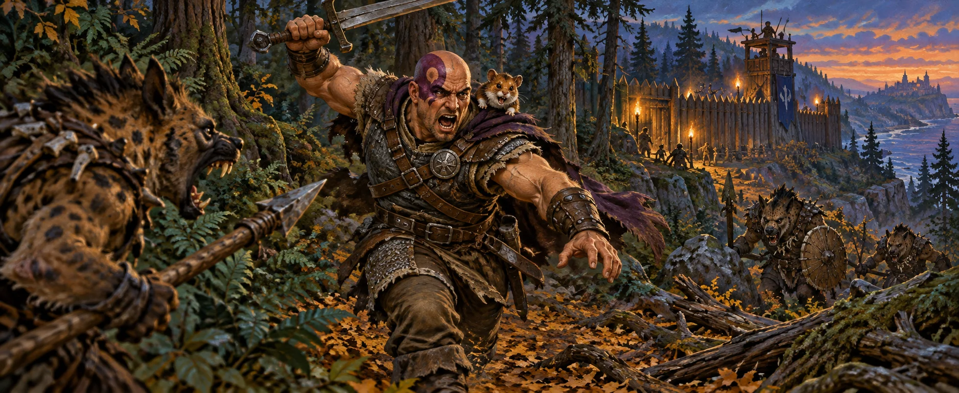 Minsc, a huge bald ranger with a purple face tattoo, charges sword-first through a dusk forest with Boo the hamster on his shoulder, as a spear-wielding gnoll lunges from the undergrowth.