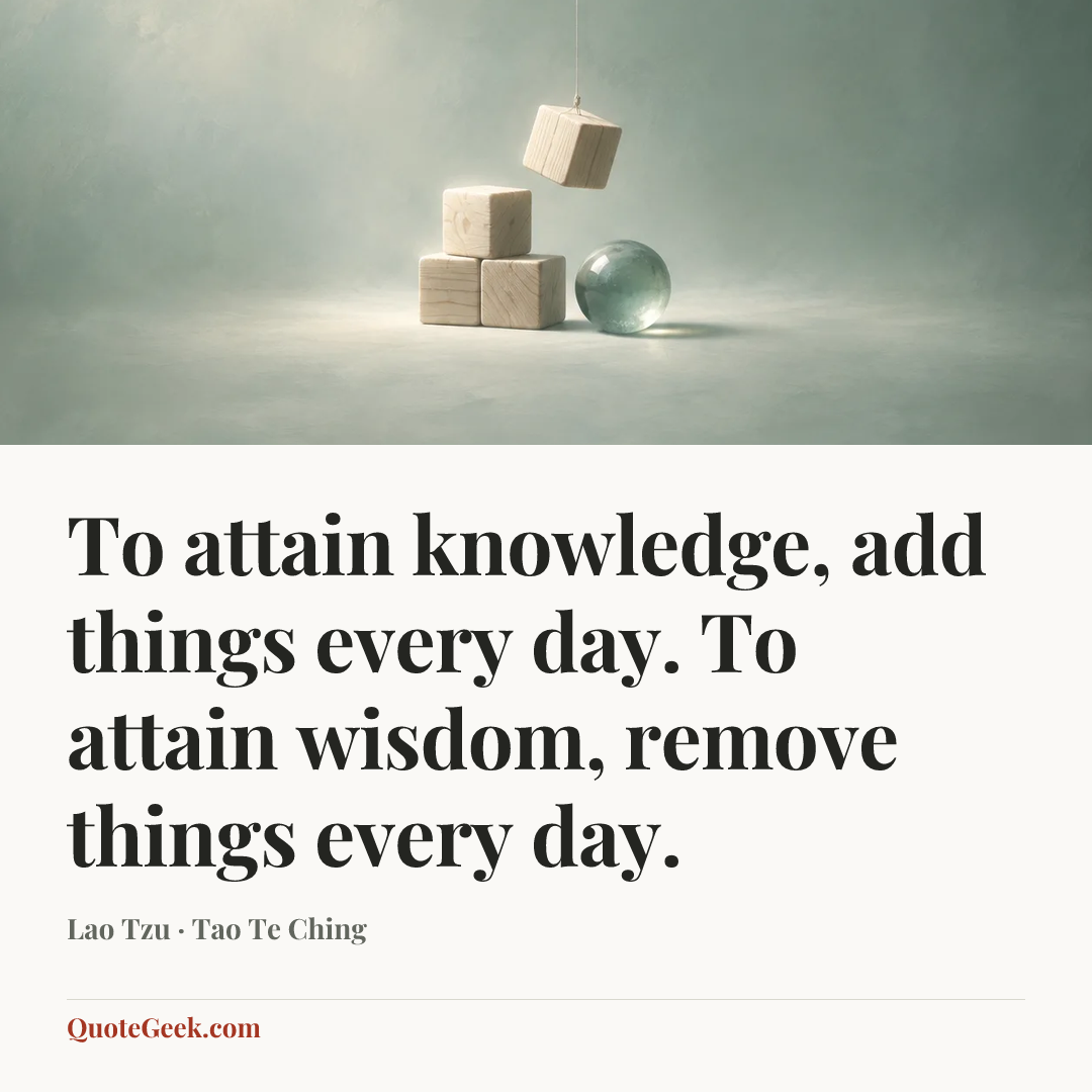 “To attain knowledge, add things every day. To attain wisdom, remove things every day.” — Lao Tzu · Tao Te Ching. Illustrated QuoteGeek card.