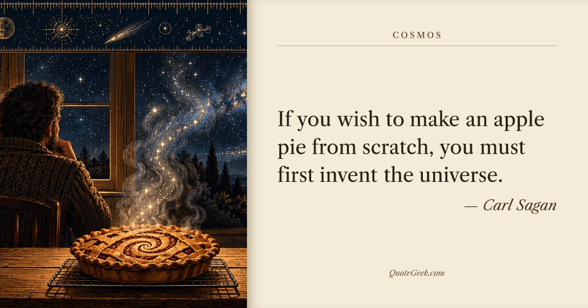 “If you wish to make an apple pie from scratch, you must first invent the universe.” — Carl Sagan · Cosmos. Illustrated QuoteGeek card.