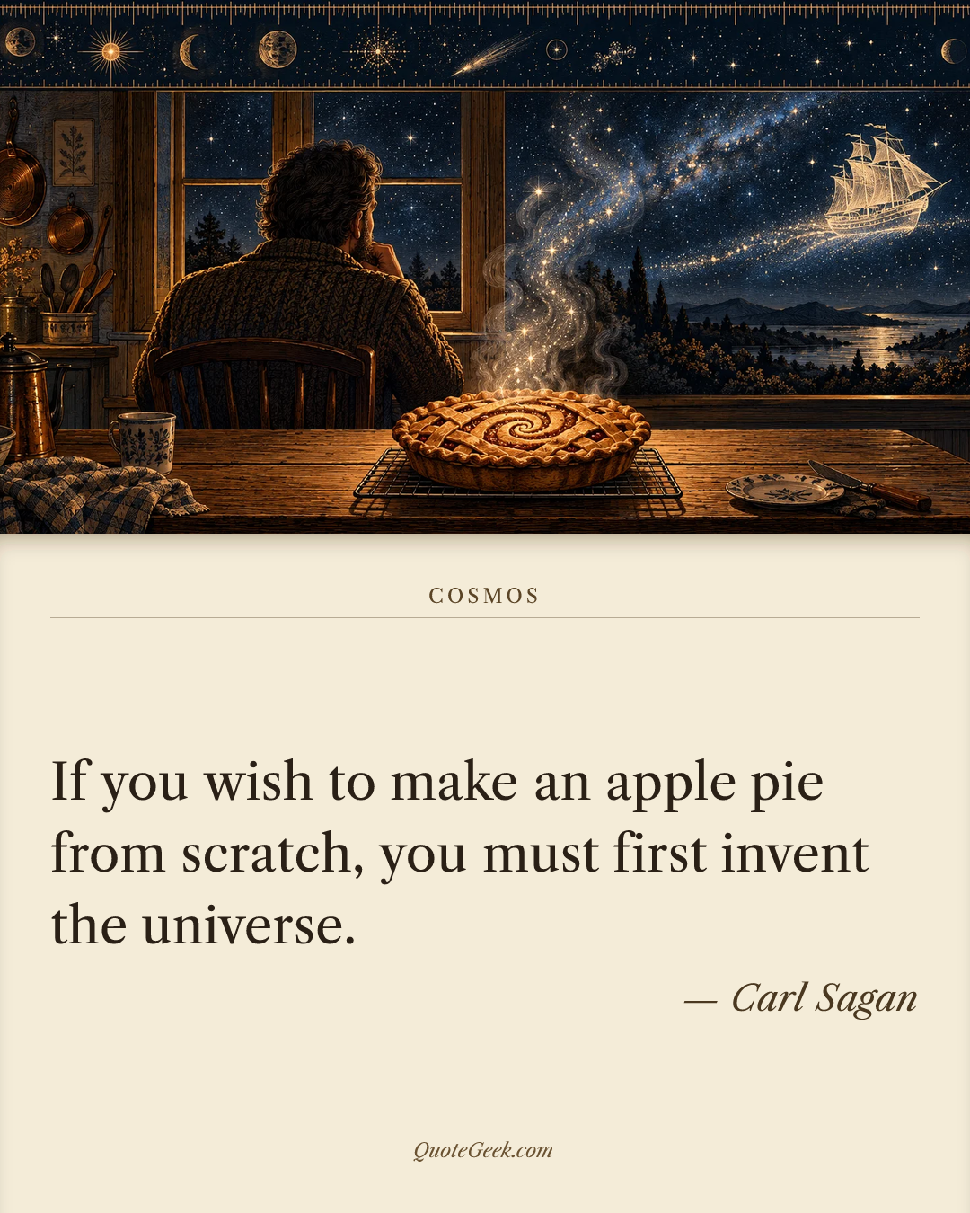 “If you wish to make an apple pie from scratch, you must first invent the universe.” — Carl Sagan · Cosmos. Illustrated QuoteGeek card.