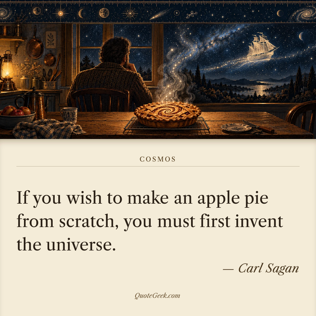 “If you wish to make an apple pie from scratch, you must first invent the universe.” — Carl Sagan · Cosmos. Illustrated QuoteGeek card.