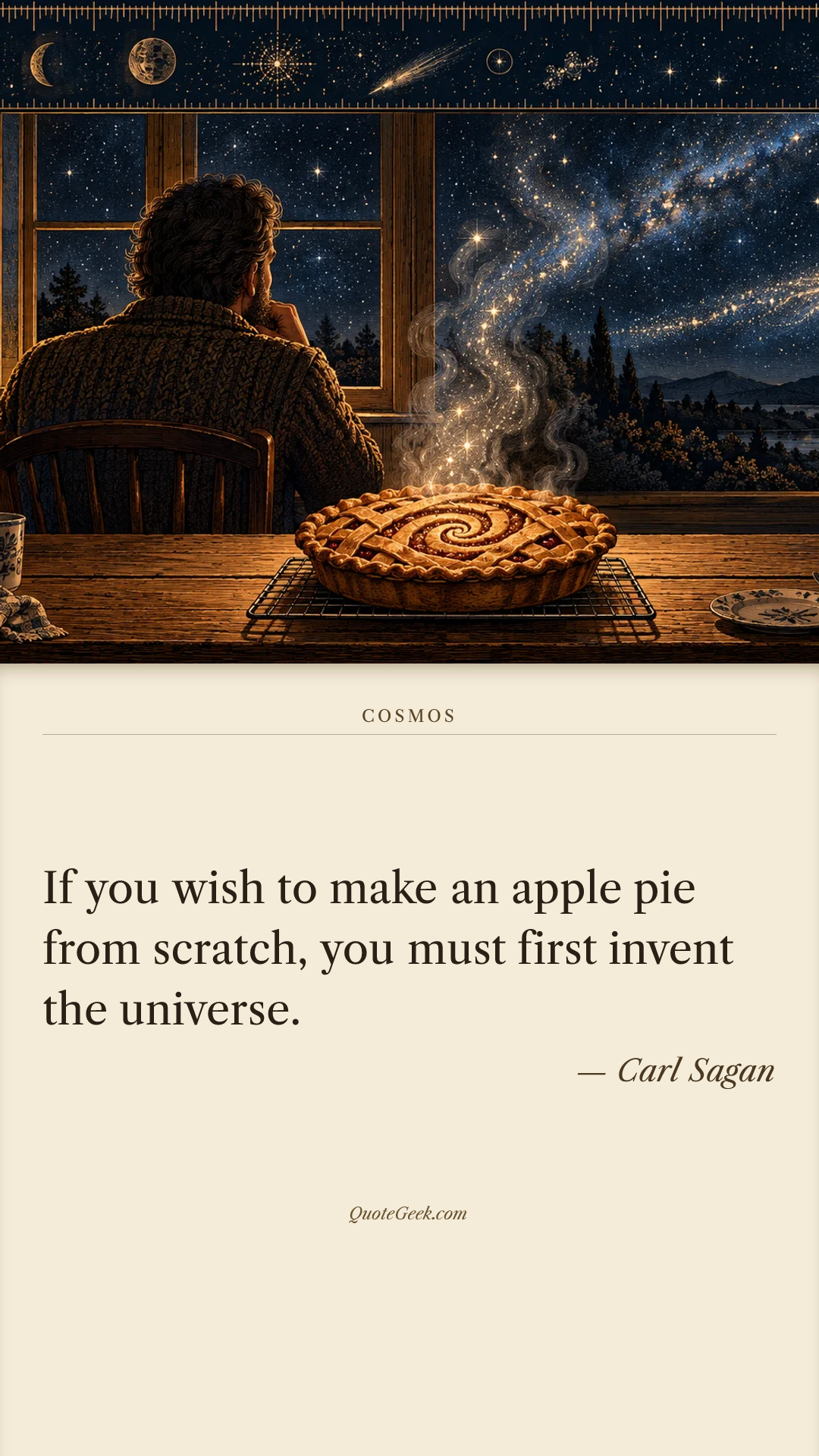 “If you wish to make an apple pie from scratch, you must first invent the universe.” — Carl Sagan · Cosmos. Illustrated QuoteGeek card.