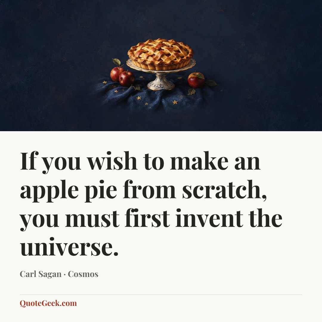 “If you wish to make an apple pie from scratch, you must first invent the universe.” — Carl Sagan · Cosmos. Illustrated QuoteGeek card.
