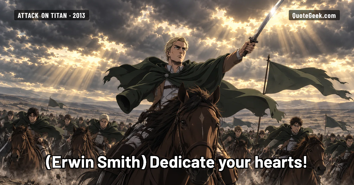 “Dedicate your hearts!” — Erwin Smith · Attack on Titan. Illustrated QuoteGeek card.