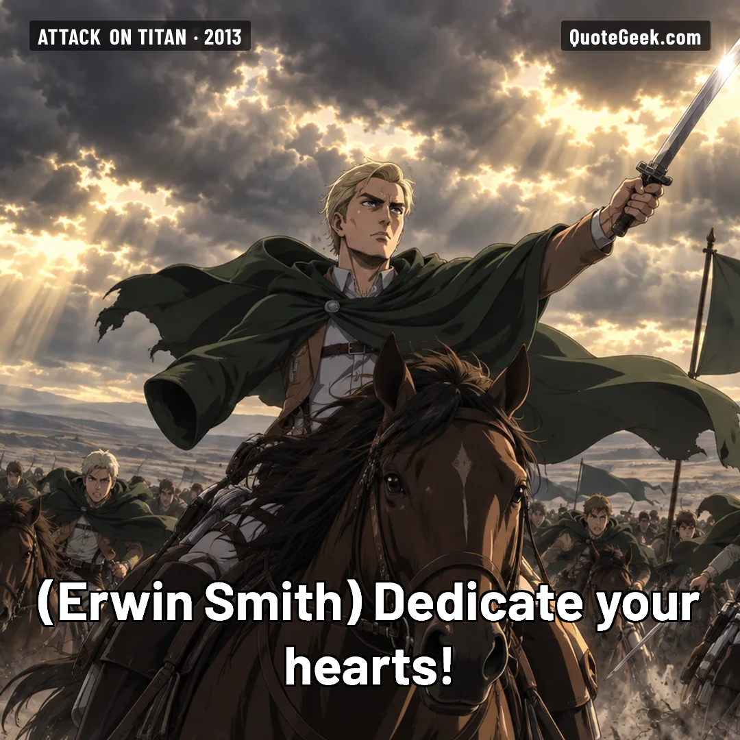 “Dedicate your hearts!” — Erwin Smith · Attack on Titan. Illustrated QuoteGeek card.