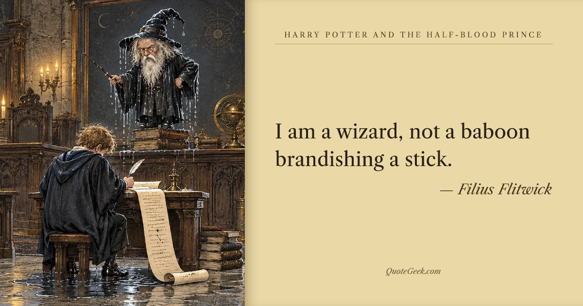 “I am a wizard, not a baboon brandishing a stick.” — Filius Flitwick · Harry Potter and the Half-Blood Prince. Illustrated QuoteGeek card.