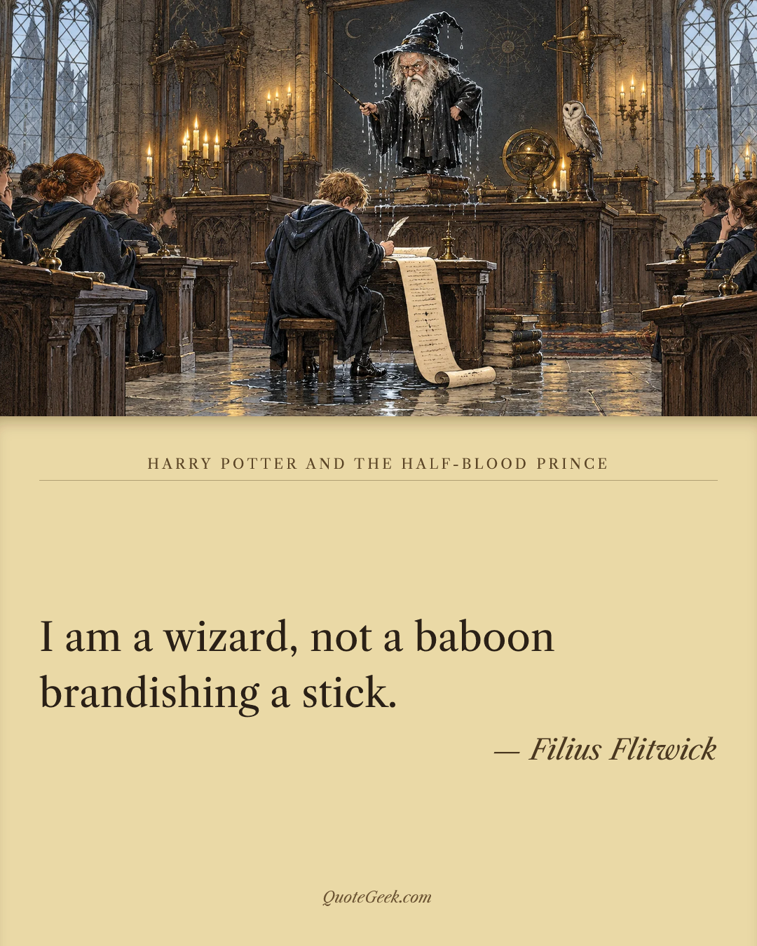 “I am a wizard, not a baboon brandishing a stick.” — Filius Flitwick · Harry Potter and the Half-Blood Prince. Illustrated QuoteGeek card.