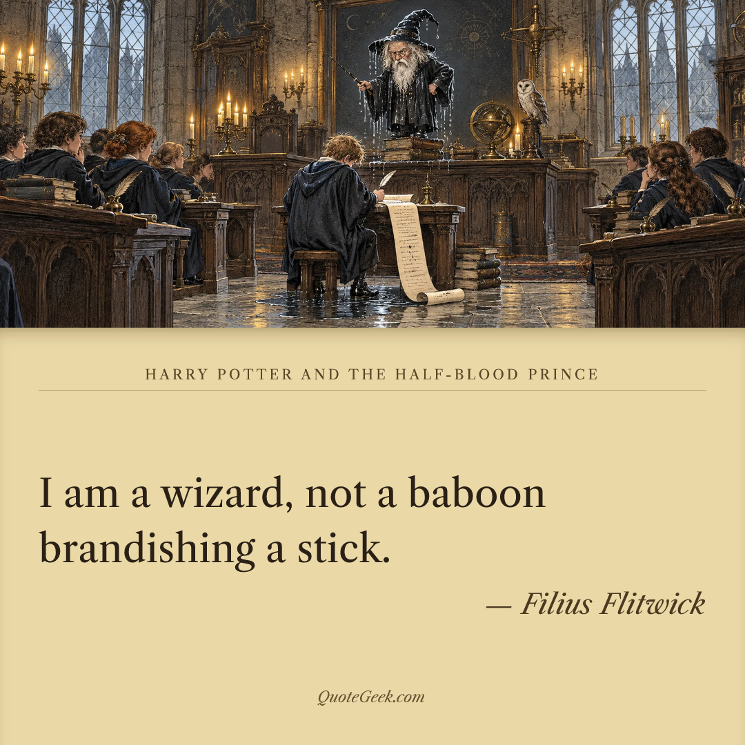 “I am a wizard, not a baboon brandishing a stick.” — Filius Flitwick · Harry Potter and the Half-Blood Prince. Illustrated QuoteGeek card.