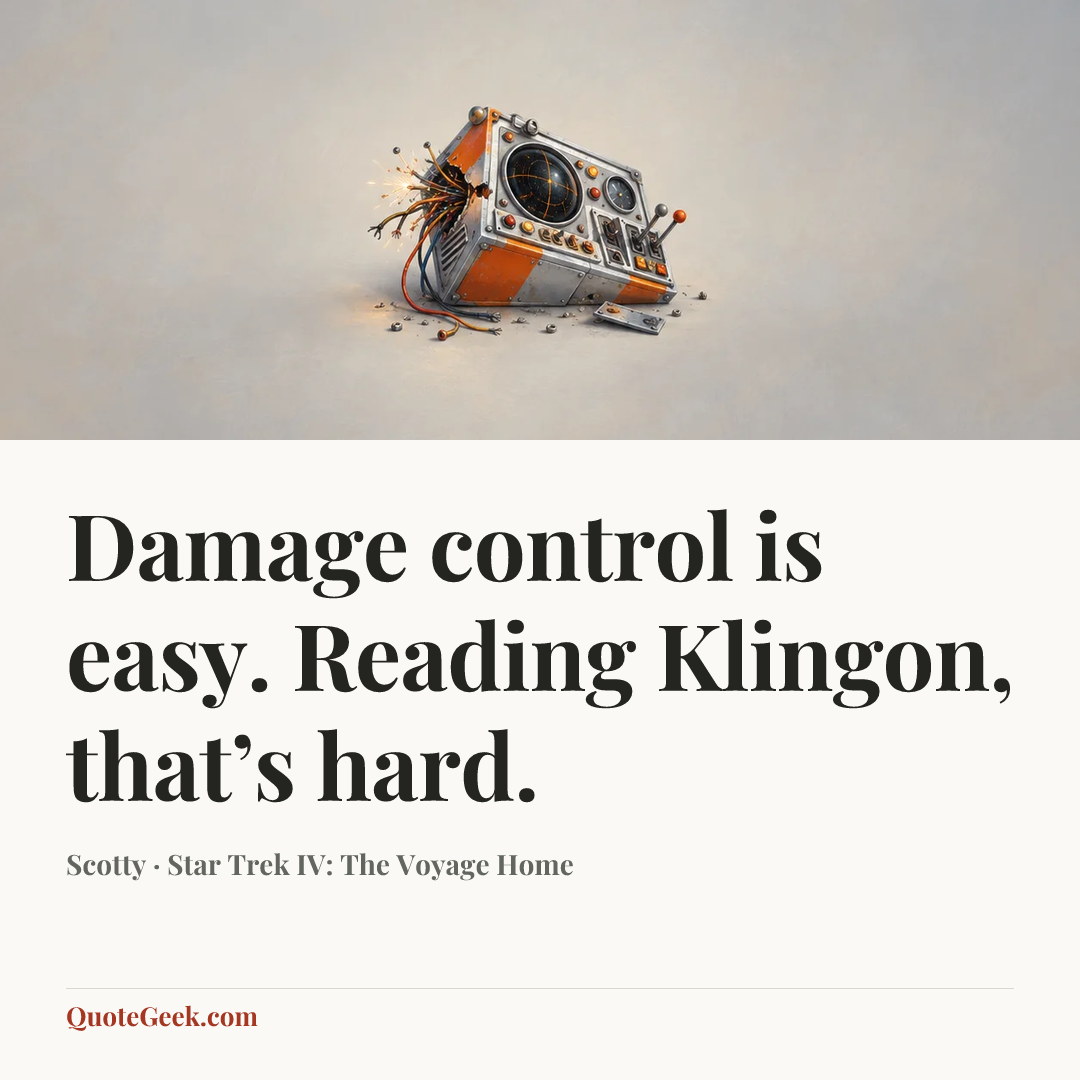 “Damage control is easy. Reading Klingon, that’s hard.” — Scotty · Star Trek IV: The Voyage Home. Illustrated QuoteGeek card.