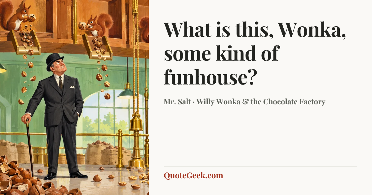 “What is this, Wonka, some kind of funhouse?” — Mr. Salt · Willy Wonka & the Chocolate Factory. Illustrated QuoteGeek card.