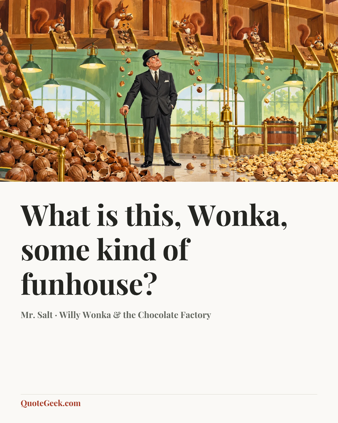 “What is this, Wonka, some kind of funhouse?” — Mr. Salt · Willy Wonka & the Chocolate Factory. Illustrated QuoteGeek card.