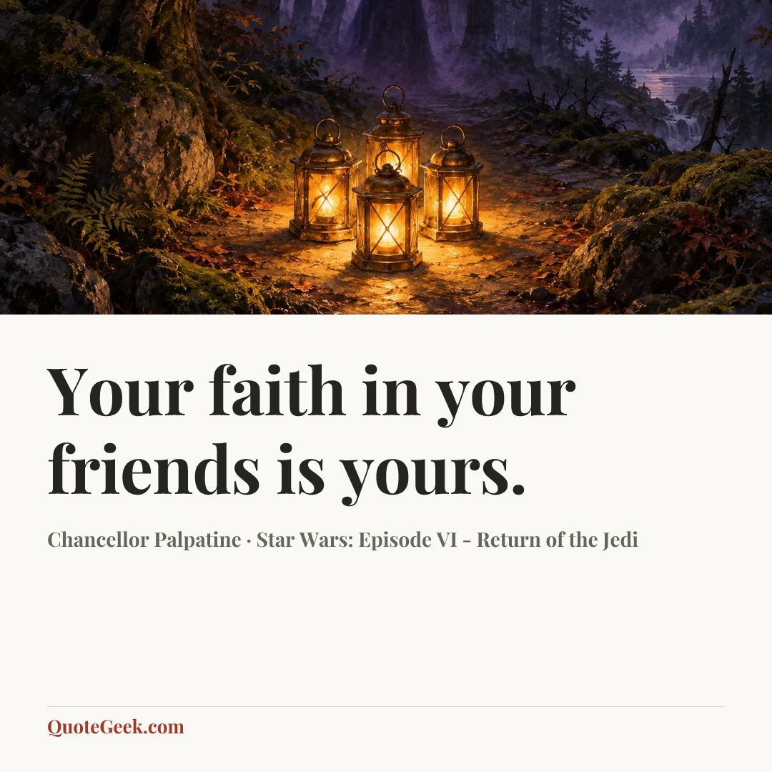 “Your faith in your friends is yours.” — Chancellor Palpatine · Star Wars: Episode VI - Return of the Jedi. Illustrated QuoteGeek card.
