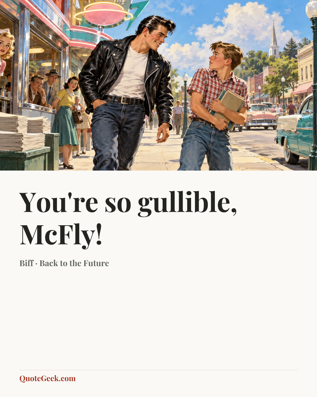 “You're so gullible, McFly!” — Biff · Back to the Future. Illustrated QuoteGeek card.