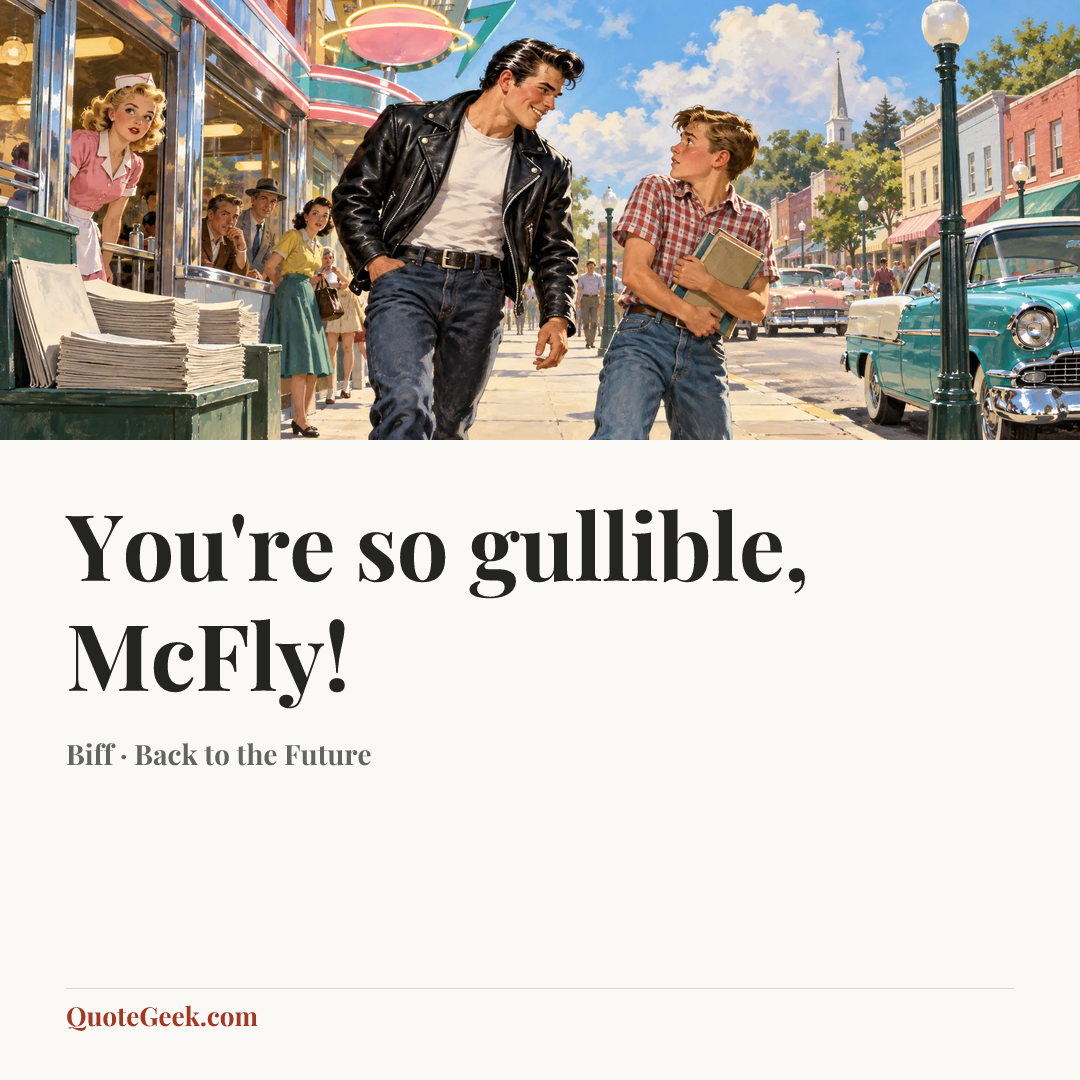 “You're so gullible, McFly!” — Biff · Back to the Future. Illustrated QuoteGeek card.