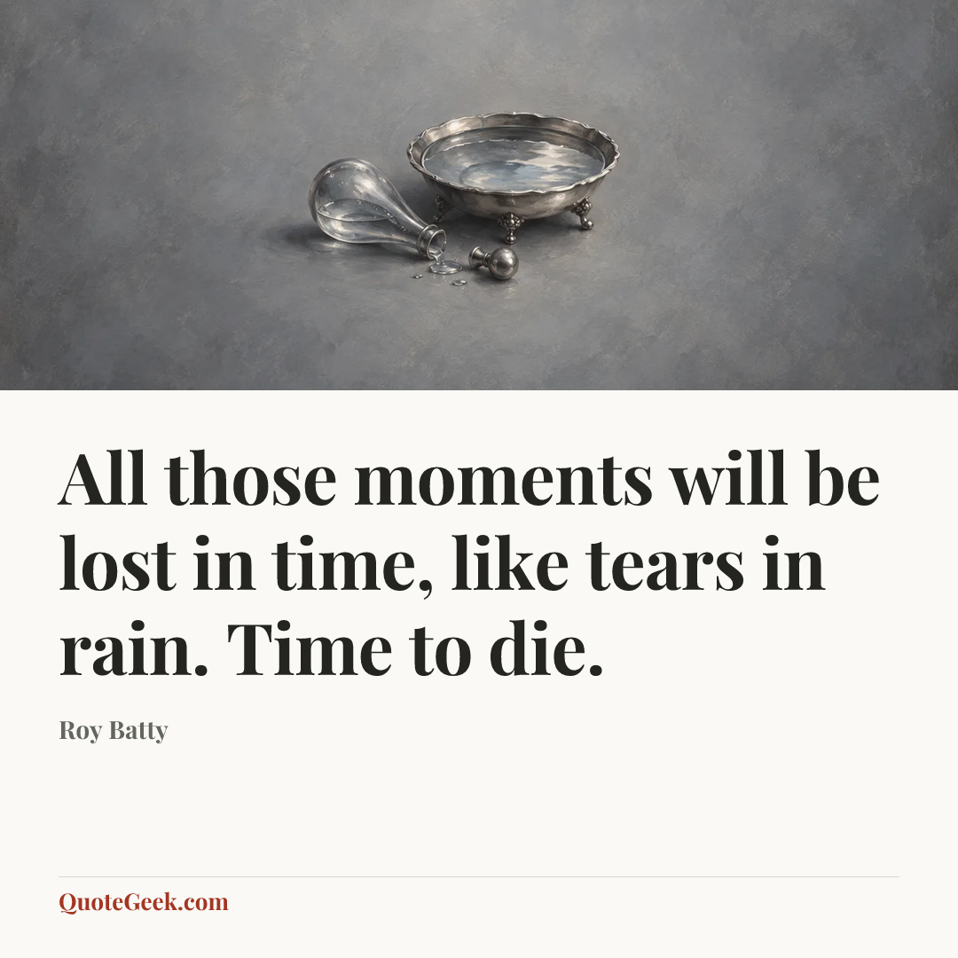 “All those moments will be lost in time, like tears in rain. Time to die.” — Roy Batty. Illustrated QuoteGeek card.