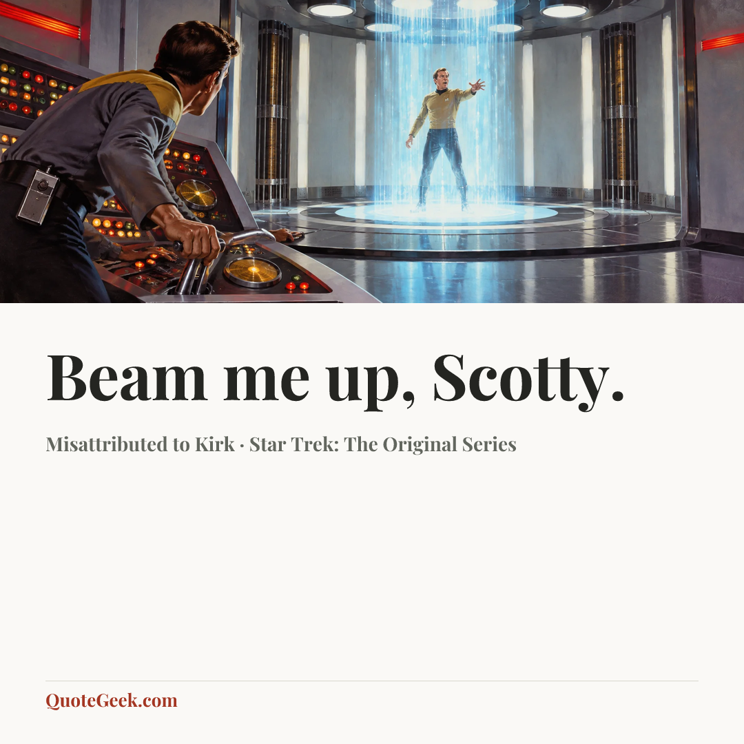 “Beam me up, Scotty.” — Misattributed to Kirk · Star Trek: The Original Series. Illustrated QuoteGeek card.