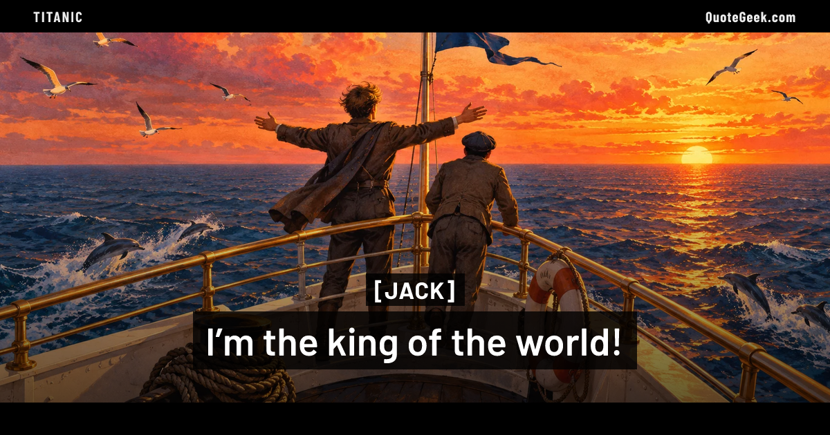 “I’m the king of the world!” — Jack · Titanic. Illustrated QuoteGeek card.