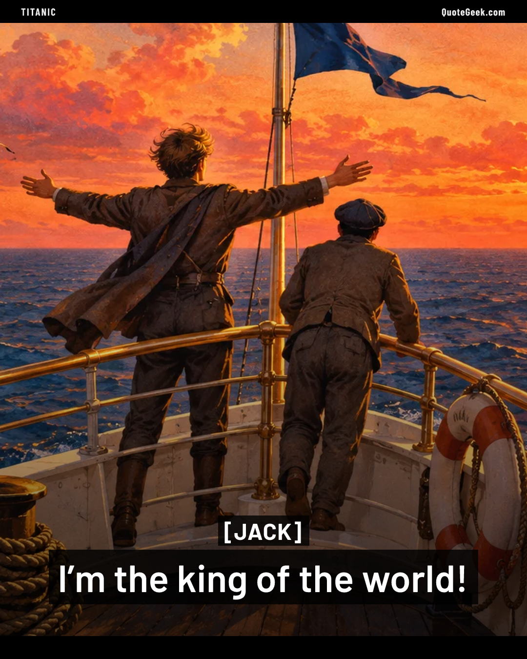 “I’m the king of the world!” — Jack · Titanic. Illustrated QuoteGeek card.